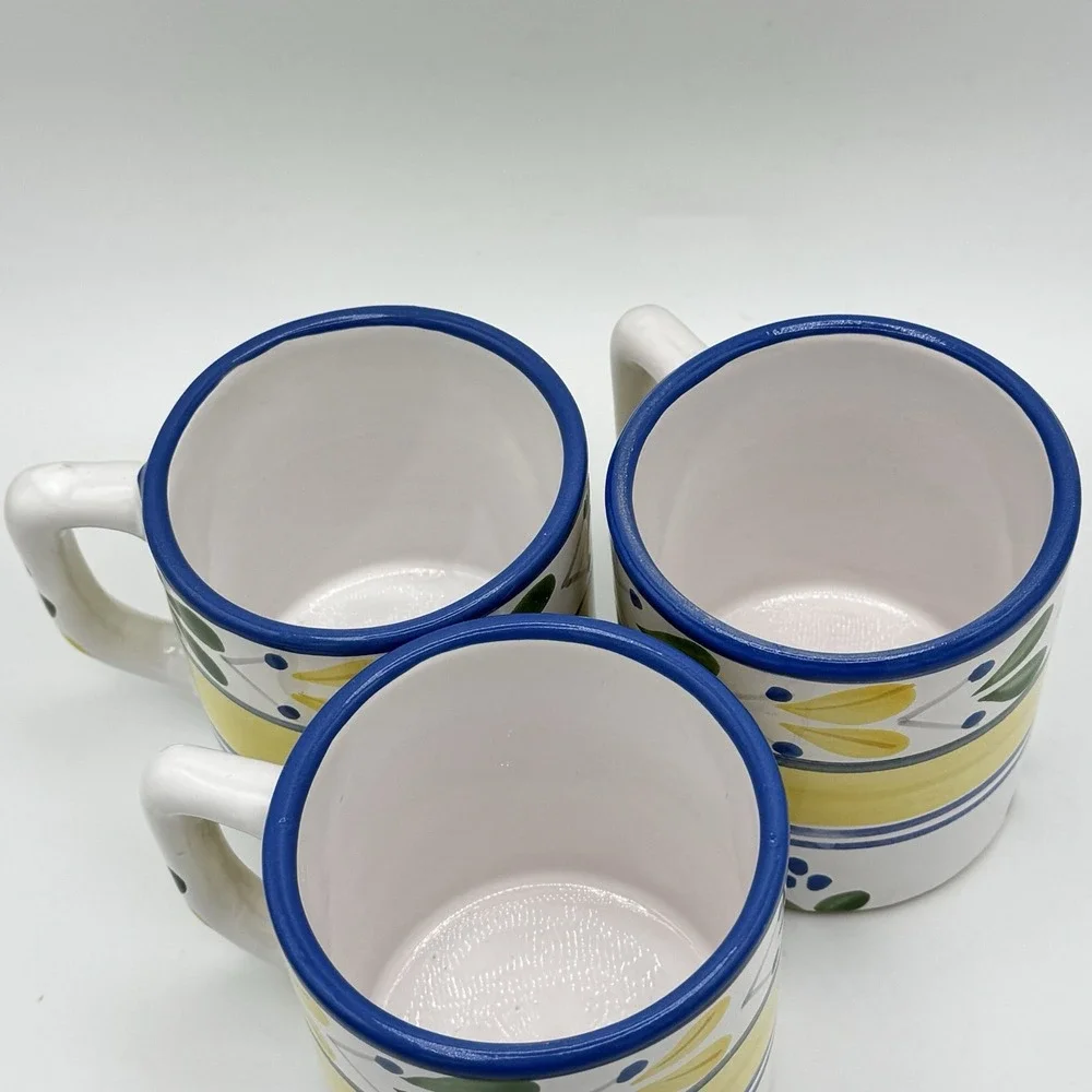 Pier 1 Solimar Mug Set 3 Hand Painted Tunisia‎ Blue Yellow Mediterranean Floral